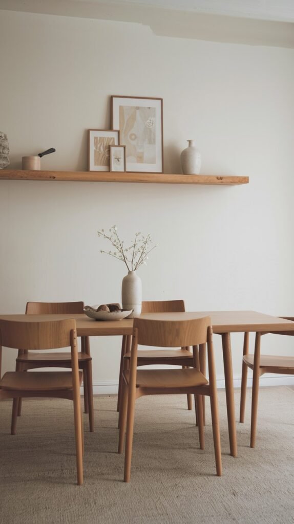 A compact and inviting minimalist Japandi dining room with a light wood table and chairs, featuring a simple floating shelf with decorative items.