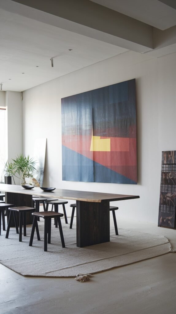A grand minimalist Japandi dining room centered around a long dark wood table with stools, distinguished by a striking large abstract painting on a white wall.
