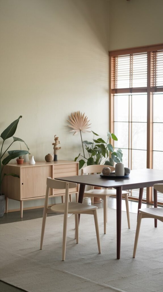 A tranquil Japandi dining room with a minimalist feel, featuring a dark wood table, light wood chairs, wooden blinds on a large window, and lush green plants.