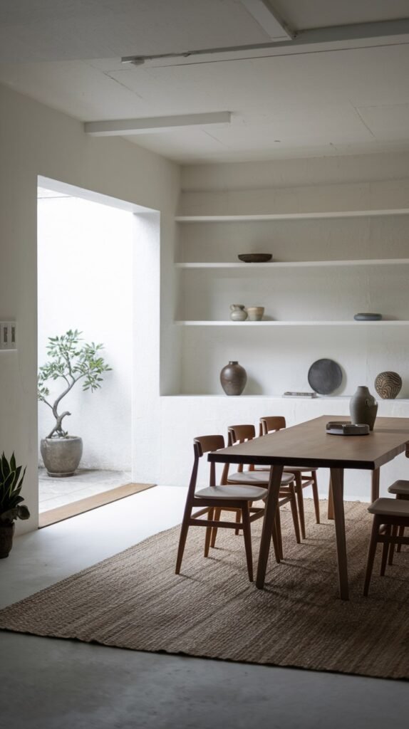 A serene minimalist Japandi dining room with a light wood table, dark chairs with woven seats, and built-in white shelves, leading to a bright outdoor area.