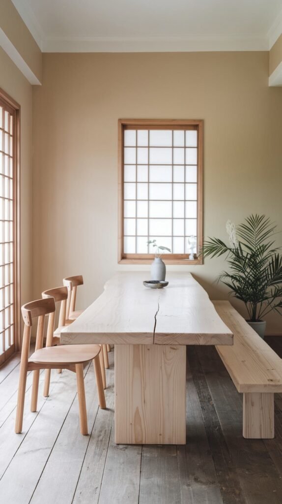 A unique Japandi dining room with a minimalist design, featuring a distinctive light wood table with a visible crack, light wood chairs, and a matching bench, set against warm beige walls with shoji-style windows.