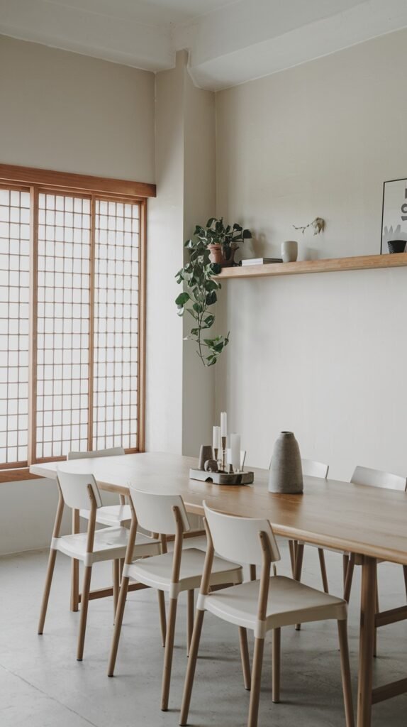 A bright minimalist Japandi dining room with a light wood table, white chairs, a long wooden shelf, and a large window featuring a shoji-style screen.
