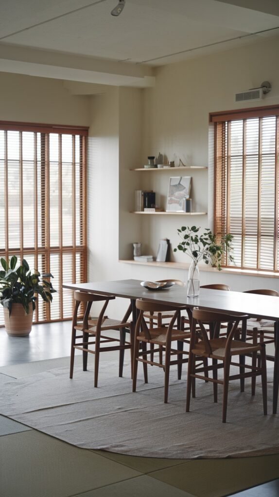 A cozy Japandi dining room with a minimalist feel, featuring a dark wood table and chairs, wooden blinds on large windows, and a tatami mat base under a rug.