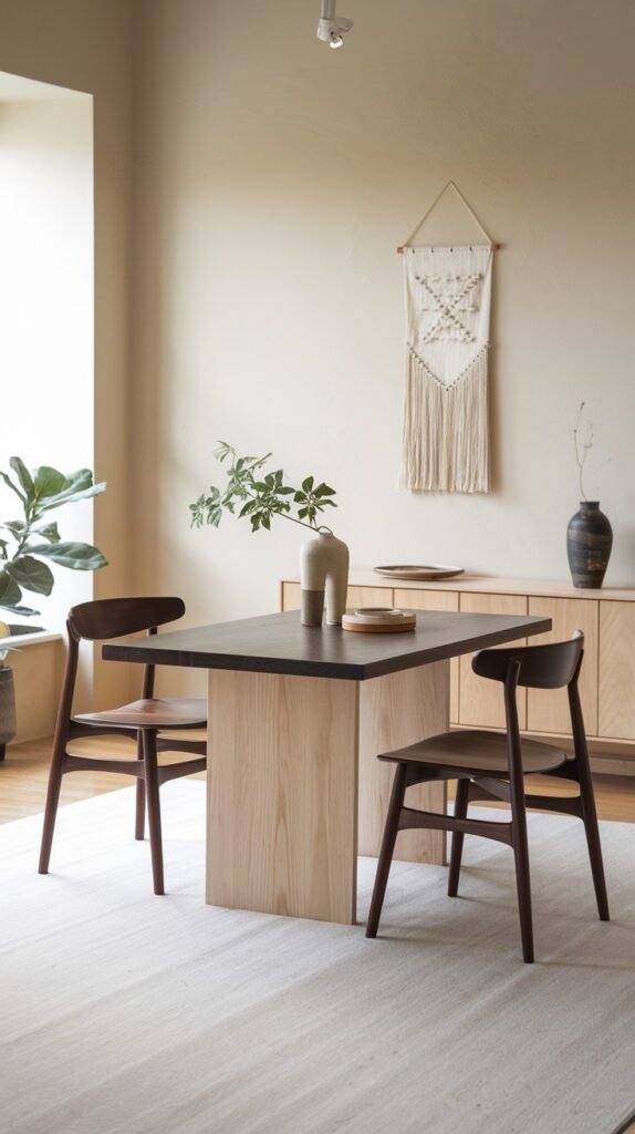A stylish minimalist Japandi dining room with a dark-topped table and light wood base, dark wood chairs, a wooden credenza, and a decorative macrame wall hanging.