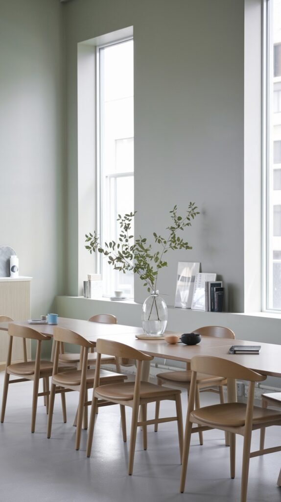 A minimalist Japandi dining room featuring a light wood table and chairs, set against calming light green walls with tall windows providing natural light.