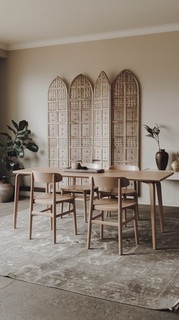 An elegant Japandi dining room with a minimalist design, featuring a light wood table and chairs, complemented by an ornate wooden screen with arched panels.