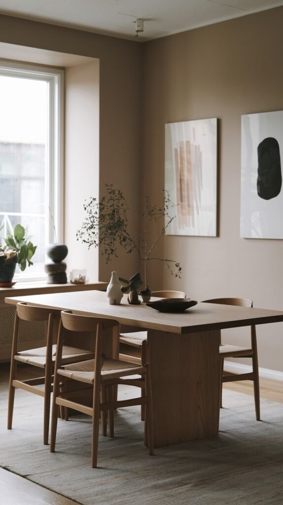 A warm minimalist Japandi dining room with a light wood pedestal table, light wood chairs with woven seats, and abstract art on the warm beige walls.
