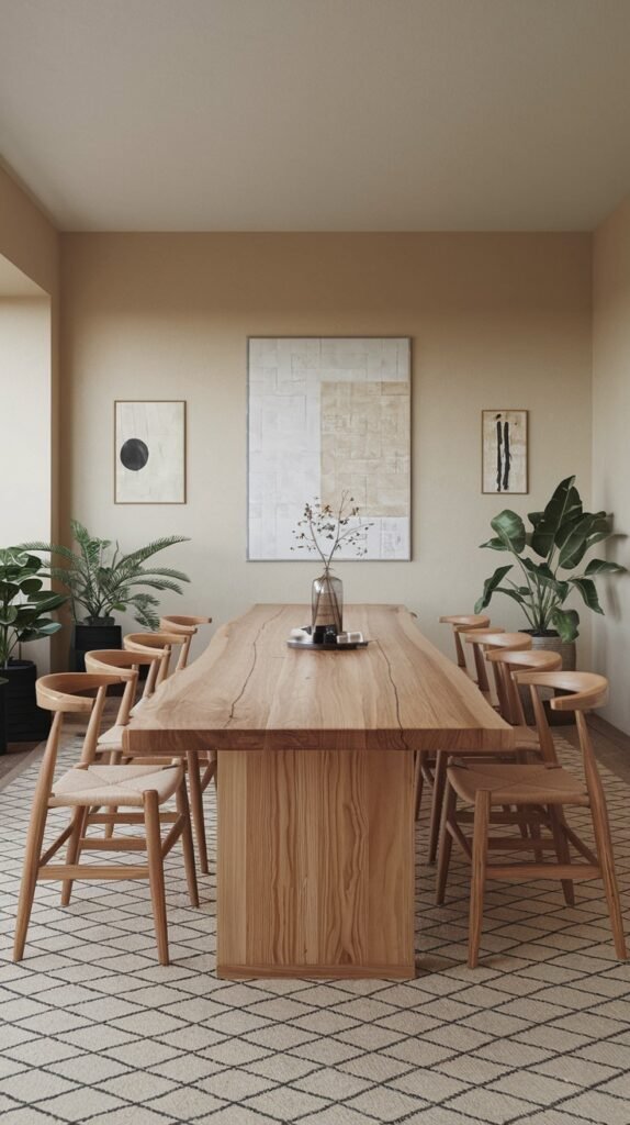A spacious Japandi dining room with a minimalist aesthetic, featuring a large light wood table, light wood chairs with woven seats, multiple potted plants, and abstract wall art, set on a patterned rug.