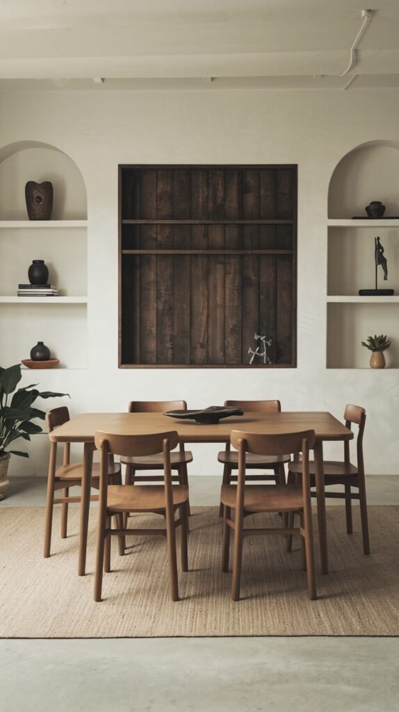 A uniquely designed minimalist Japandi dining room with a light wood table and chairs, featuring built-in arched shelves and a central wooden panel accent.