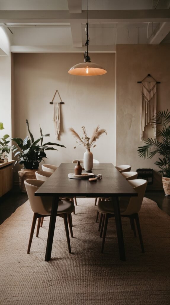 A warm and inviting Japandi dining room with a minimalist design, featuring a dark wood table, light upholstered chairs, and decorative macrame wall hangings.