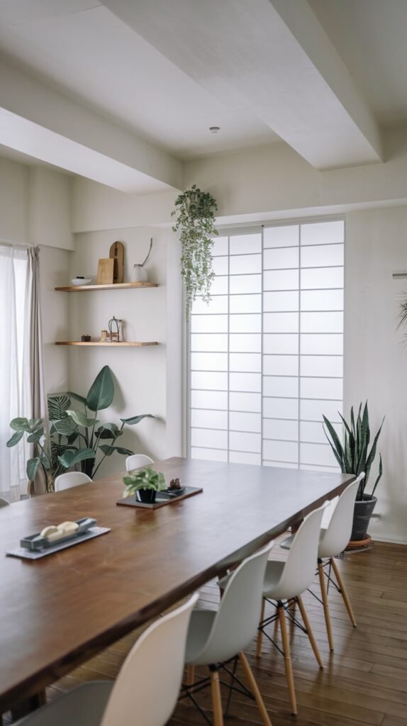 A minimalist Japandi dining room featuring a long, dark wood table with white chairs, floating shelves, and a large window with frosted screens.