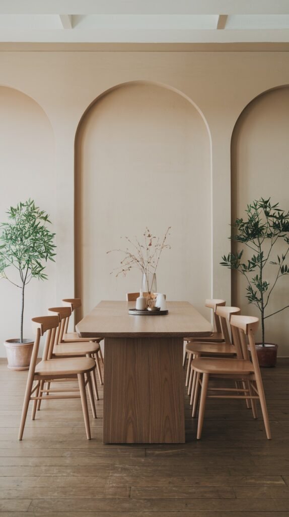A warm and inviting Japandi dining room with a minimalist design, featuring a wooden table, light wood chairs, and distinctive arched wall details flanked by tall potted plants.