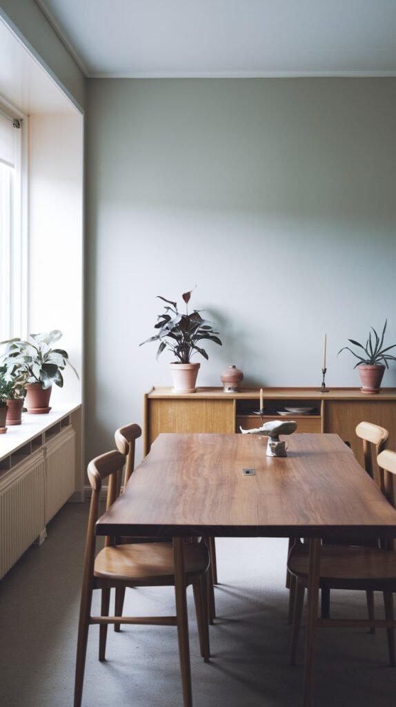 A cozy minimalist Japandi dining room with a dark wood table, light wood chairs, and a wooden credenza, all set against a soft green wall with a large window.
