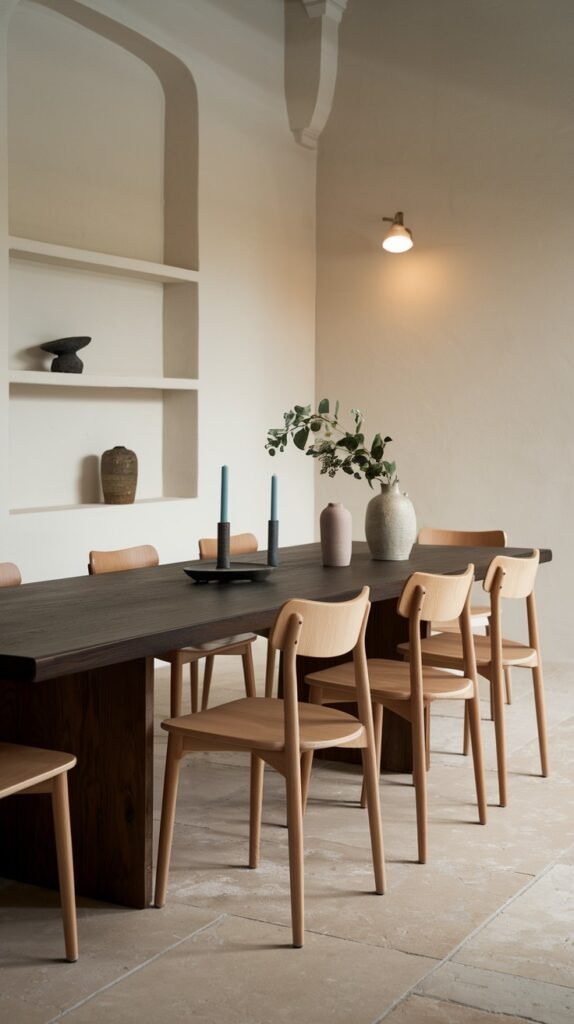 An elegant Japandi dining room with a minimalist feel, featuring a dark wood table, light wood chairs, built-in wall shelves, and a warm, inviting ambiance.