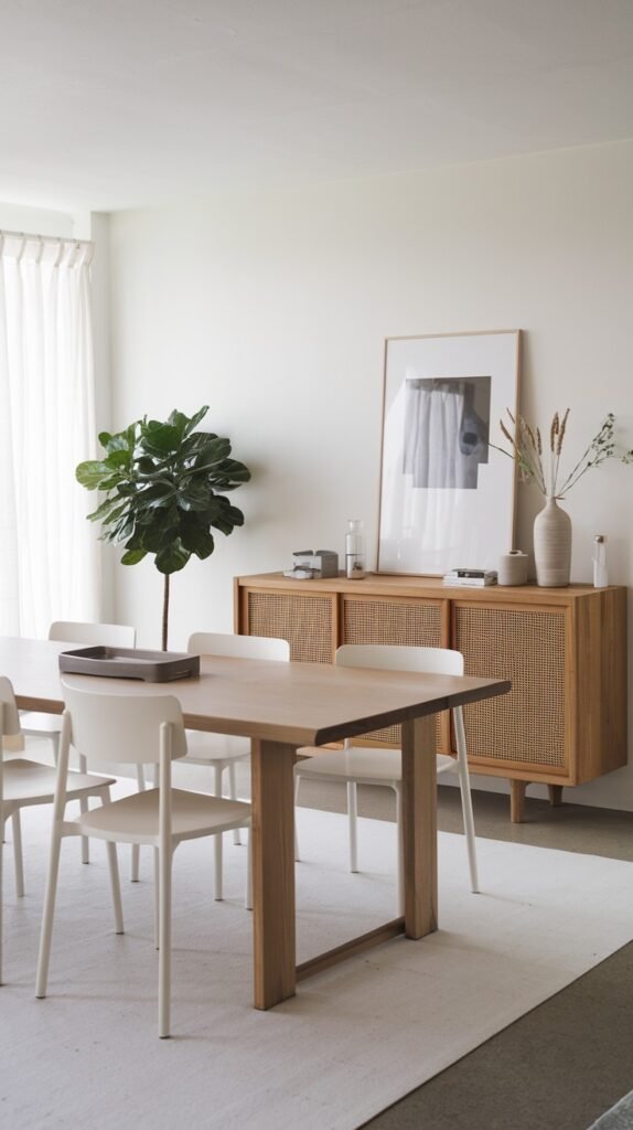 A bright and airy minimalist Japandi dining room with a light wood table, white chairs, a cane-front credenza, and a prominent potted plant, creating a serene space.