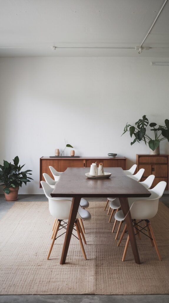 A minimalist Japandi dining room with a dark wood table, white chairs, and a natural fiber rug, complemented by green plants and a wooden credenza against a white wall.
