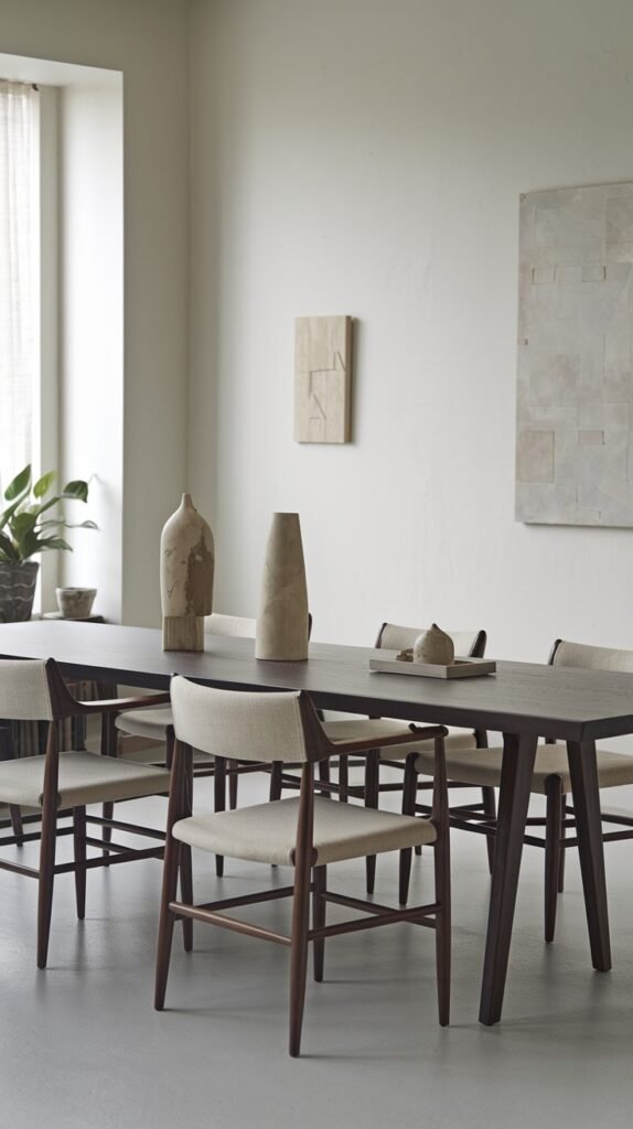 A sophisticated Japandi dining room with a minimalist aesthetic, showcasing a dark wood table and chairs with light fabric seats, and large abstract art on the wall.