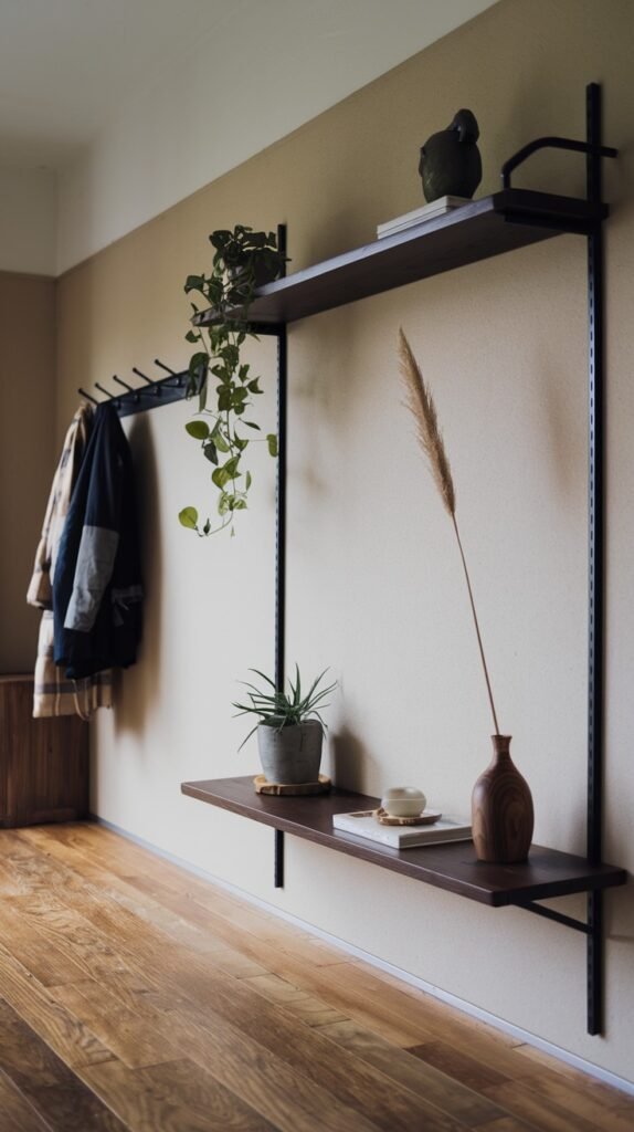 A minimalist Japandi hallway with beige walls, showcasing a dark wooden shelving unit with black metal supports, a hanging green plant, a smaller potted plant, stacked books, a wooden vase with dried pampas grass, and a coat rack with a coat and a plaid blanket.
