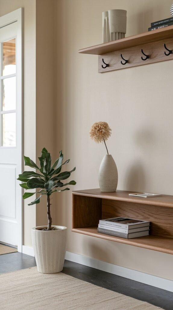 A minimalist Japandi entryway with beige walls, a white door, featuring a wooden floating shelf with black hooks, decorative vases and books, and a low wooden floating console shelf with books, accompanied by a potted fiddle-leaf fig plant and a light rug.