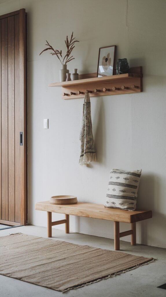 A minimalist Japandi entryway with light walls, a dark wooden sliding door, a natural wood shelf with wooden hooks, decorative vases and dried plants, a natural wood bench with a patterned cushion, and a light patterned rug.