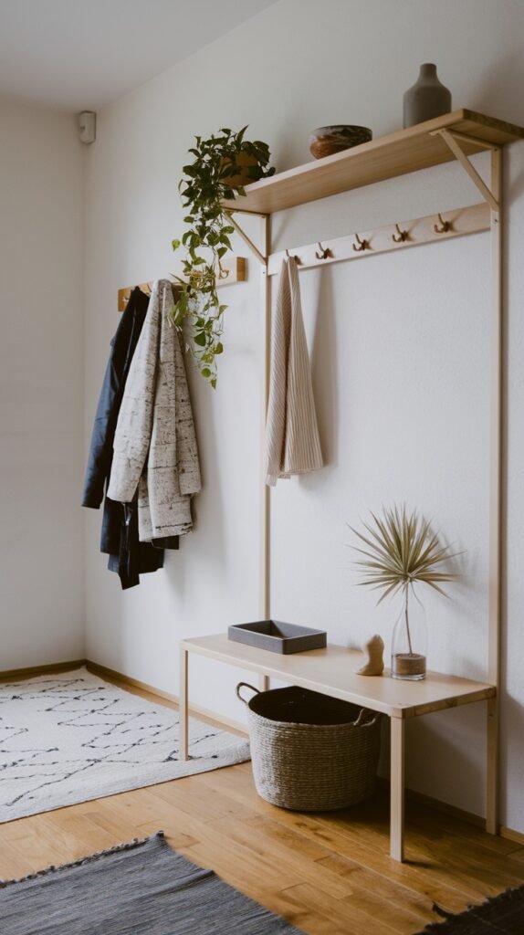 A minimalist Japandi hallway featuring a wooden coat stand with an integrated top shelf, hooks, and a bench. Coats and a blanket hang, a potted plant and decorative items are displayed on the shelf, and a basket sits on the bench. The floor is a mix of wooden planks and grey, with a patterned rug.