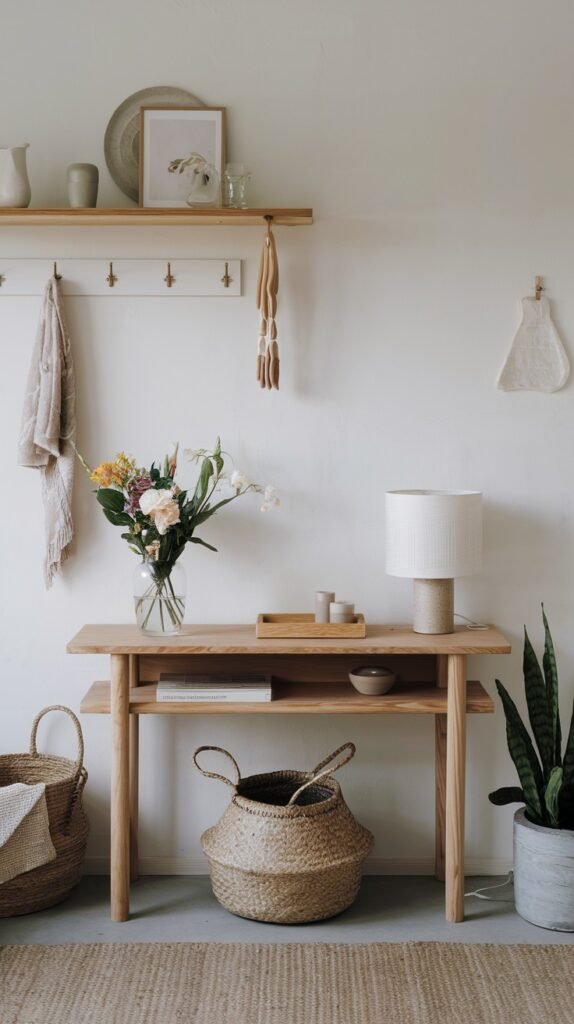 A minimalist Japandi entryway with light walls, showcasing a wooden shelf with hooks, a light scarf, various decorative items, and a vase of fresh flowers. Below is a wooden console table with a lamp, a decorative tray with candles, and books, flanked by two large woven baskets.