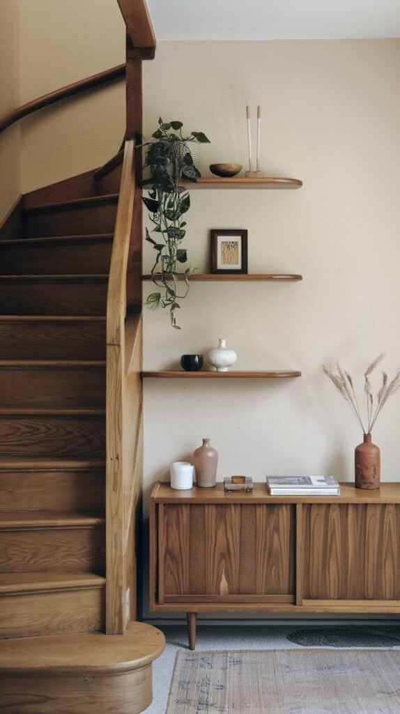 A minimalist Japandi corner of a room featuring a wooden spiral staircase, light beige walls, multiple floating wooden shelves with potted plants, candles, and decorative vases, alongside a dark wooden credenza with sliding doors and dried pampas grass in a vase.