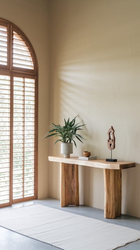 A minimalist Japandi room with beige walls and a large arched window with wooden shutters. A substantial natural wooden console table with thick, sculptural legs holds a potted plant, books, and a wooden sculpture, grounded by a light textured rug on a grey floor.