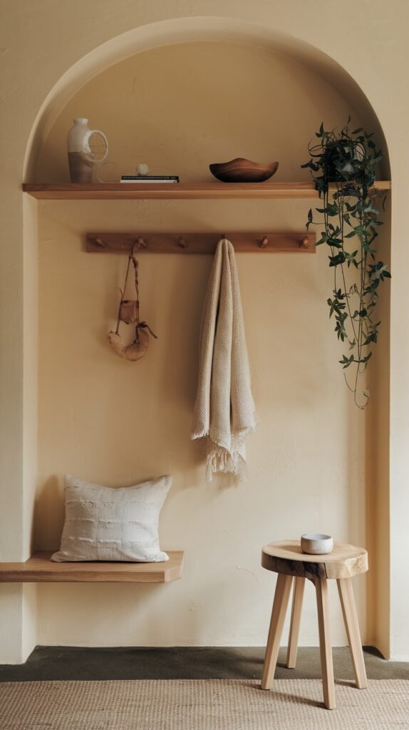 A minimalist Japandi alcove with beige walls and an arched top, featuring a wooden shelf with hooks, decorative items, a trailing green plant, a light wooden bench with a striped cushion, and a wooden stool, over a light patterned rug.