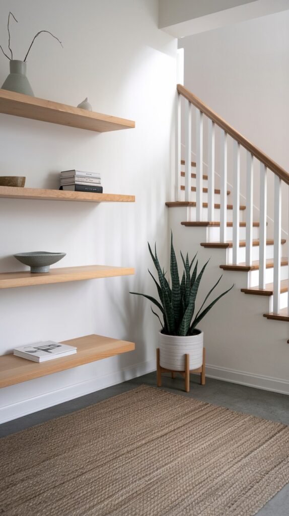 A minimalist Japandi staircase area with white walls, displaying multiple light wooden floating shelves with decor, a tall potted snake plant in a white planter with wooden legs, and a large natural jute rug. White staircase railings are also visible.