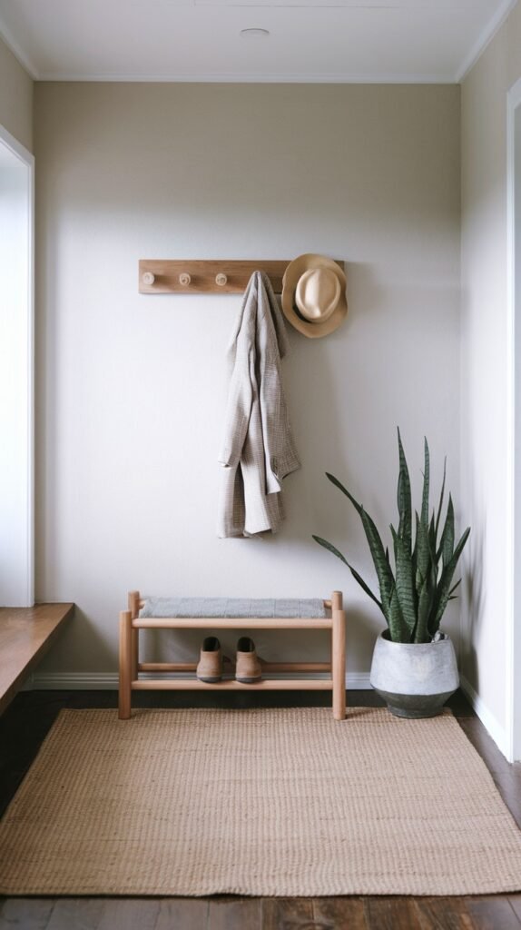 A minimalist Japandi hallway with light beige walls, featuring a wooden coat rack with hooks, a straw hat, and a coat hanging. A wooden bench with a woven seat and a lower shelf for shoes is present, alongside a tall potted snake plant and a natural jute rug.