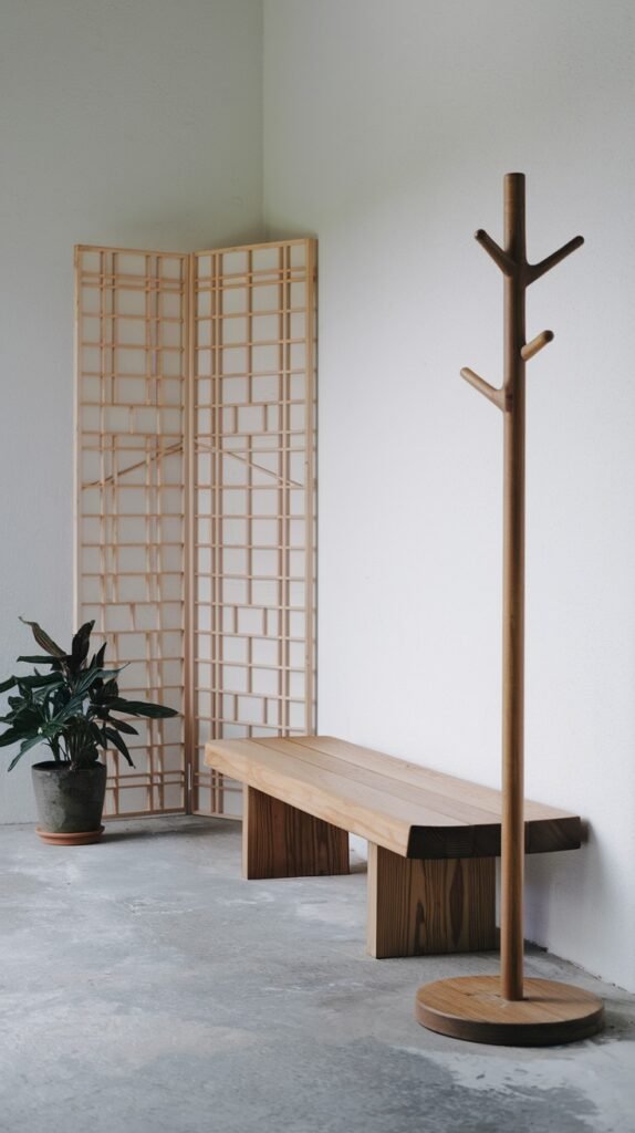 A minimalist Japandi room with white walls, featuring a light wooden grid room divider, a dark green potted plant, a long natural wood bench, and a light wood standing coat rack with multiple branches.