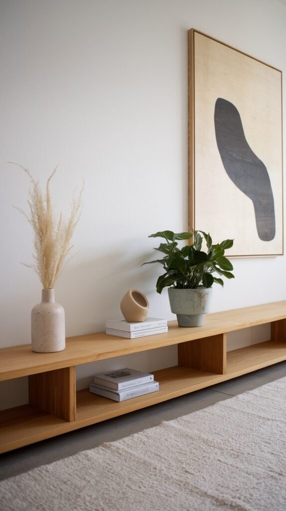 A minimalist Japandi room with white walls, featuring a large abstract framed artwork, and a long, low wooden shelving unit with open cubbies holding books, a potted plant, and decorative vases, all on a light textured rug.