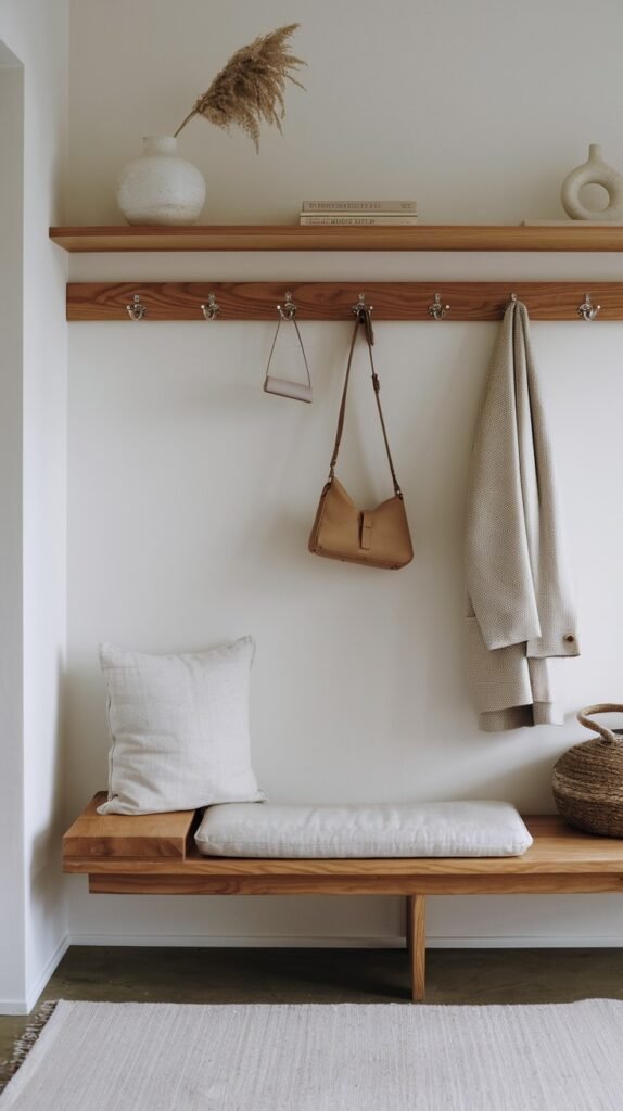 A minimalist Japandi entryway with white walls, featuring a wooden shelf with hooks, decorative items, and dried pampas grass in a vase. A grey coat and a brown handbag hang below, and a wooden bench with a light cushion and a pillow is next to a woven basket, all on a light rug.