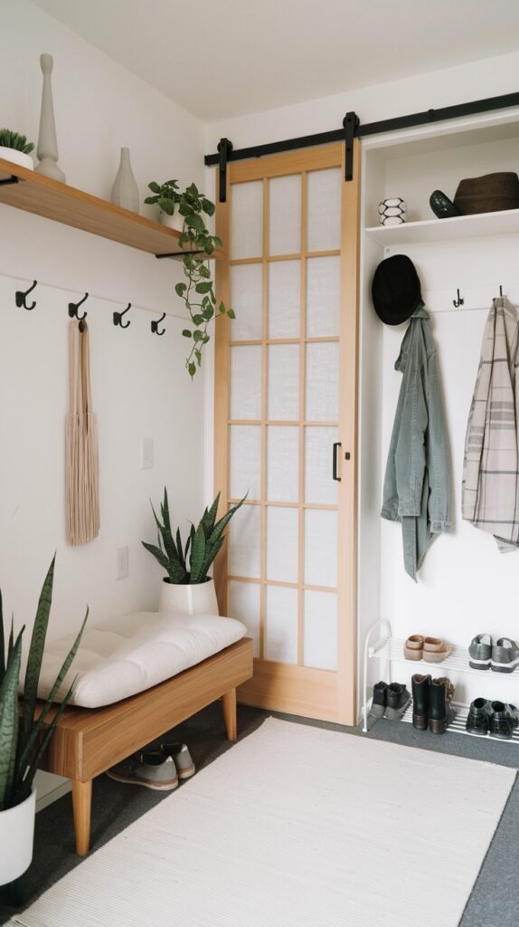 A minimalist Japandi entryway with white walls, featuring a sliding shoji-style door, an open closet space with hats and boots on a wire rack, a wooden shelf with black hooks, a hanging green plant, a light wooden bench with a white cushion, and two potted snake plants, on a white rug.