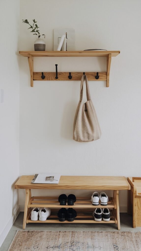 A minimalist Japandi entryway with white walls, showcasing a wooden shelf with hooks, decorative items, and a hanging striped bag. A wooden bench with a lower shelf for shoes displays multiple pairs of shoes, all resting on a patterned rug.