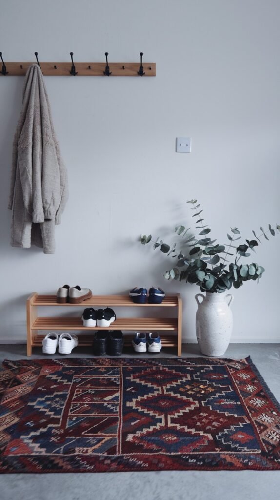 A minimalist Japandi entryway with white walls, featuring a wooden coat rack with hooks and a light coat hanging, a wooden two-tier shoe rack with several pairs of shoes, and a large white vase with eucalyptus branches, set on a vibrant colorful patterned rug.