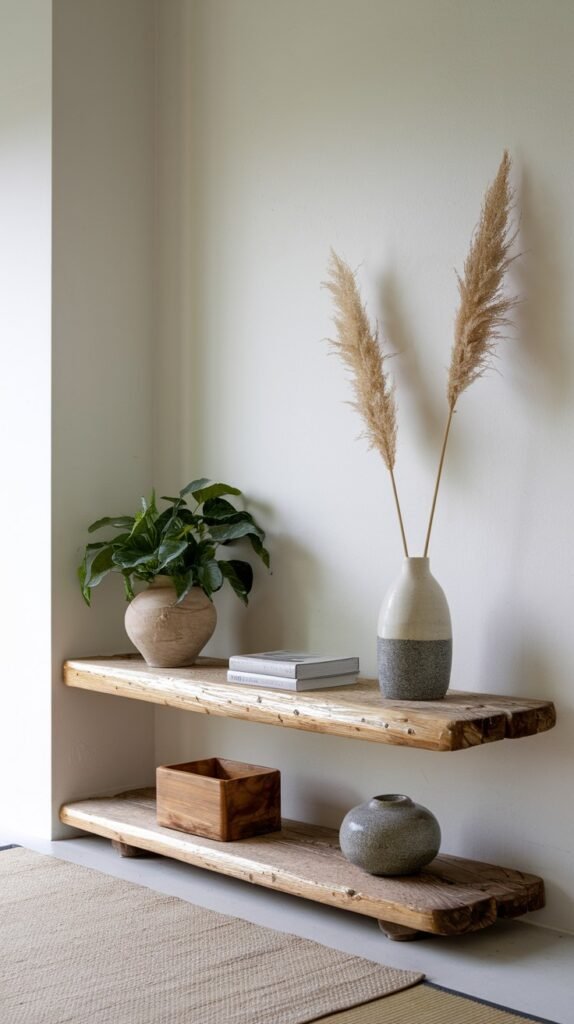A minimalist Japandi corner with white walls, showcasing two rustic wooden floating shelves with a potted plant, stacked books, various decorative vases, and a wooden box, next to a light rug.