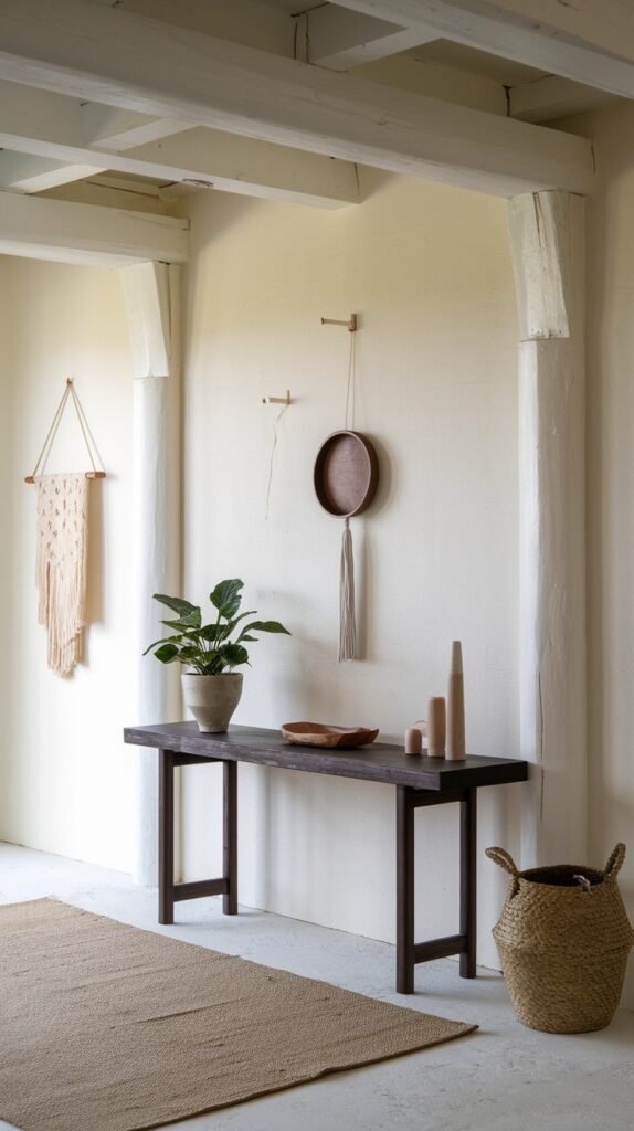 A minimalist Japandi room with light beige walls and white ceiling beams. It features a macrame wall hanging, a round decorative item, a dark wooden console table with a potted plant, a wooden bowl, and candles, and a large woven basket on a natural jute rug.