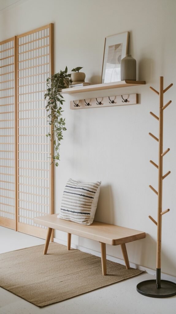 A minimalist Japandi entryway with white walls, a sliding shoji-style door, a wooden shelf with black hooks, a hanging green plant, decorative items on the shelf, a wooden bench with a striped pillow, and a standing wooden coat rack, all on a light patterned rug.