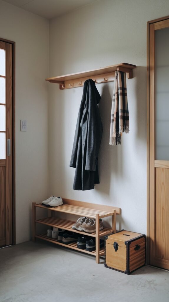 A minimalist Japandi entryway with light walls and a wooden door, featuring a wooden shelf with hooks, a dark coat and a plaid scarf hanging. Below are a two-tier wooden shoe rack with shoes and a small wooden storage trunk.