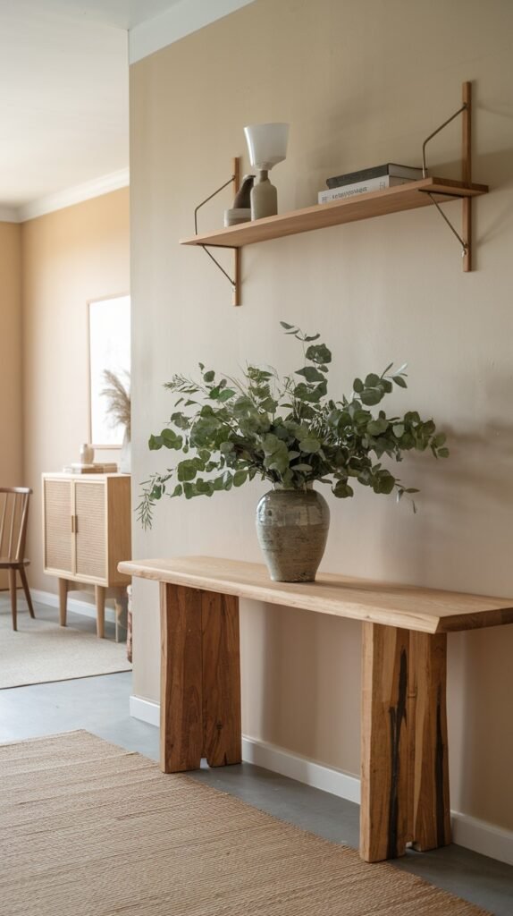 A minimalist Japandi hallway with beige walls, displaying a light natural wooden console table with thick, sculptural legs, a large textured vase with green branches, and two floating wooden shelves with decorative items and books.