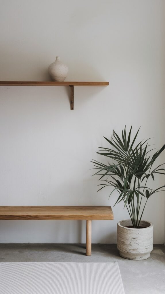 A minimalist Japandi space with white walls, displaying a natural wood floating shelf holding a light ceramic vase, a simple natural wood bench, a large potted palm-like plant, and a light textured rug on a concrete floor.