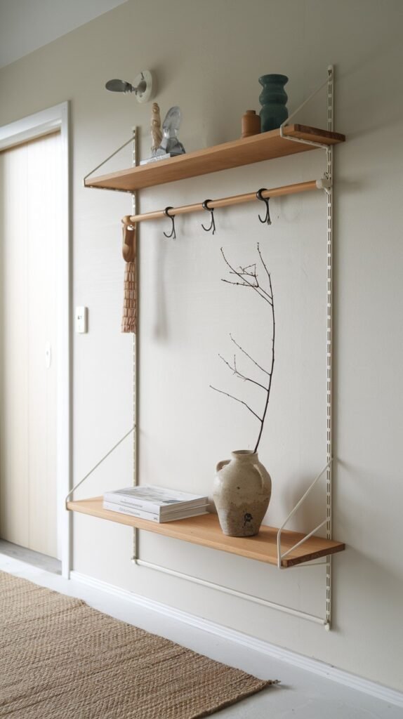 A minimalist Japandi hallway with light walls, featuring a modular shelving system with white metal uprights and wooden shelves. A hanging bar with black hooks, decorative items, and a vase with a dry branch are on display, all on a light patterned rug.