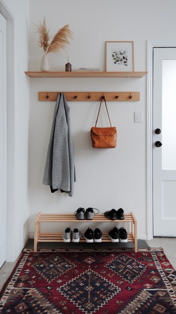 A minimalist Japandi entryway with white walls and a white door, showcasing a wooden shelf with hooks, decorative items, and dried pampas grass in a vase. A grey coat and a brown handbag hang below, and a two-tier wooden shoe rack holds shoes, all on a colorful patterned rug.