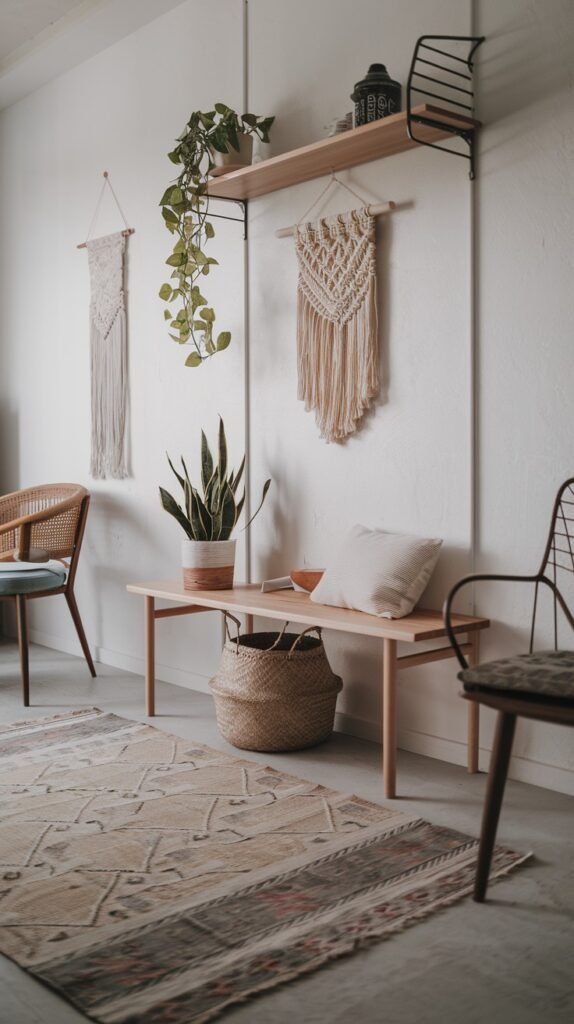 A minimalist Japandi room with white walls, two macrame wall hangings, a wooden shelf with potted plants and decorative items, a wooden bench with a pillow and a woven basket underneath, and a large patterned rug. Chairs are visible on the side.