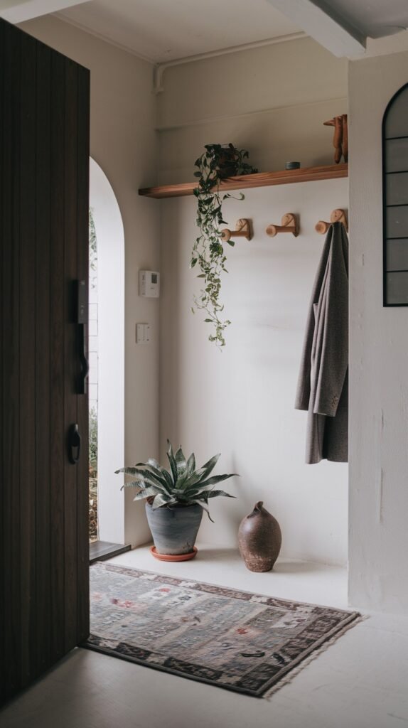 A minimalist Japandi entryway features an open dark wooden door, light beige walls, a wooden shelf with a trailing green plant, wooden coat hooks holding a grey coat, a large potted agave-like plant, a rustic brown vase, and a patterned rug on a light floor.