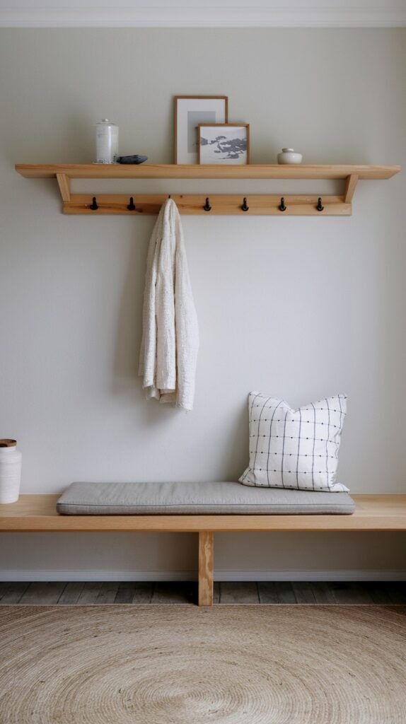 A minimalist Japandi entryway featuring a light wooden shelf with integrated coat hooks, decorated with framed pictures and small ceramic items, a white sweater hanging, a natural wood bench with a grey cushion and a patterned pillow, and a circular jute rug.