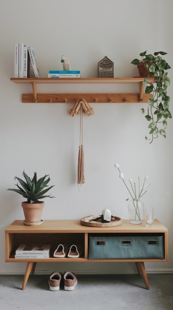 A minimalist Japandi hallway setup with light walls, a wooden shelf with hooks holding a decorative tassel and a sweater, a potted agave plant, books, and small decorative items. Below is a low wooden console table with open storage cubbies, a potted plant, a vase of white flowers, and shoes neatly placed beneath.