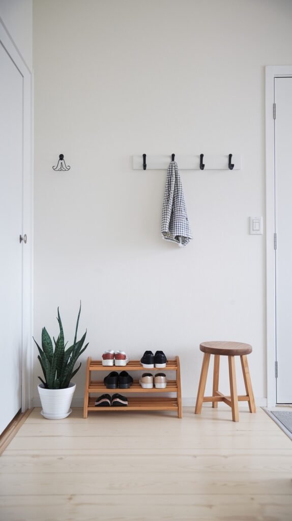A bright minimalist Japandi entryway with white walls and light wooden floors, featuring a white wall-mounted coat rack with black hooks and a checked towel, a tall potted snake plant, a wooden two-tier shoe rack holding several pairs of shoes, and a simple round wooden stool.
